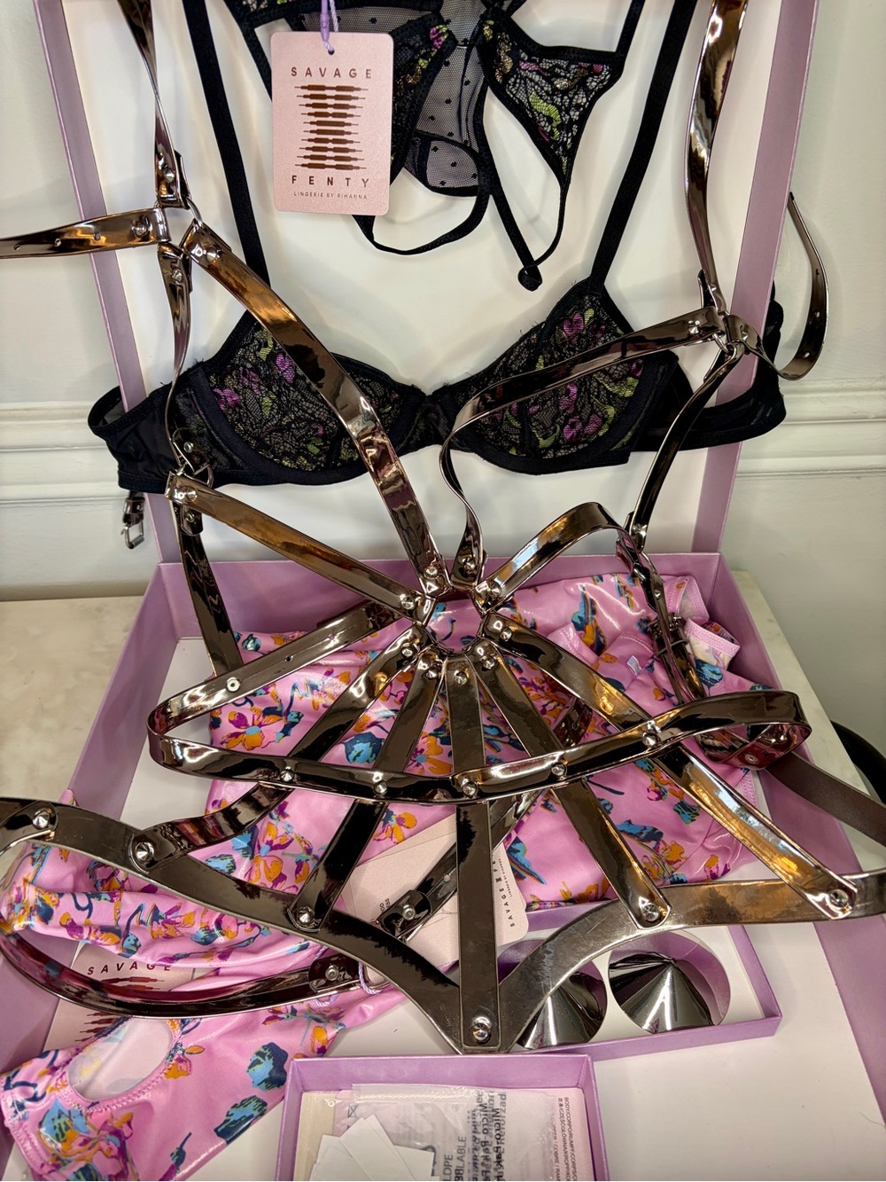 SAVAGE X FENTY LOT OF 3 SETS NWB S 34A (harness dress gloves bra panty pasties)